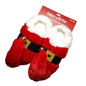 MerryBrite Adult Size M (7-8) Red Plush Santa Slippers With Jingle Bells Holiday